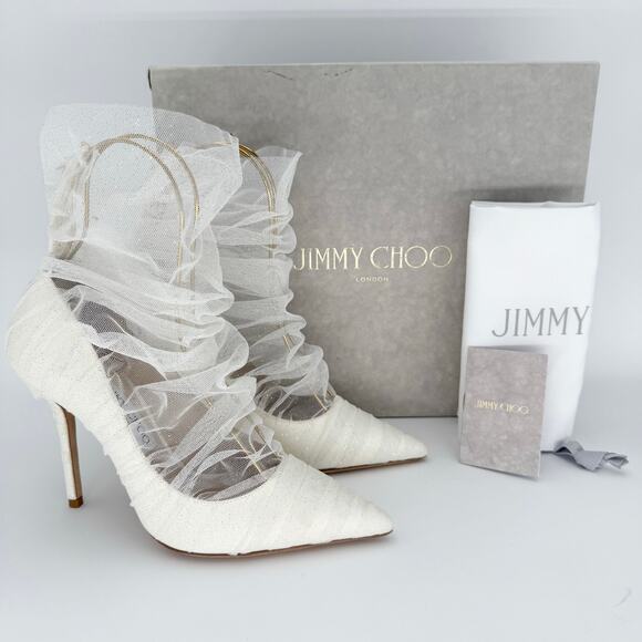 JIMMY CHOO Lavish 100 Glitter Satin Heels EU 38 US 7-8 Ivory White Bridal Pumps - Picture 9 of 9